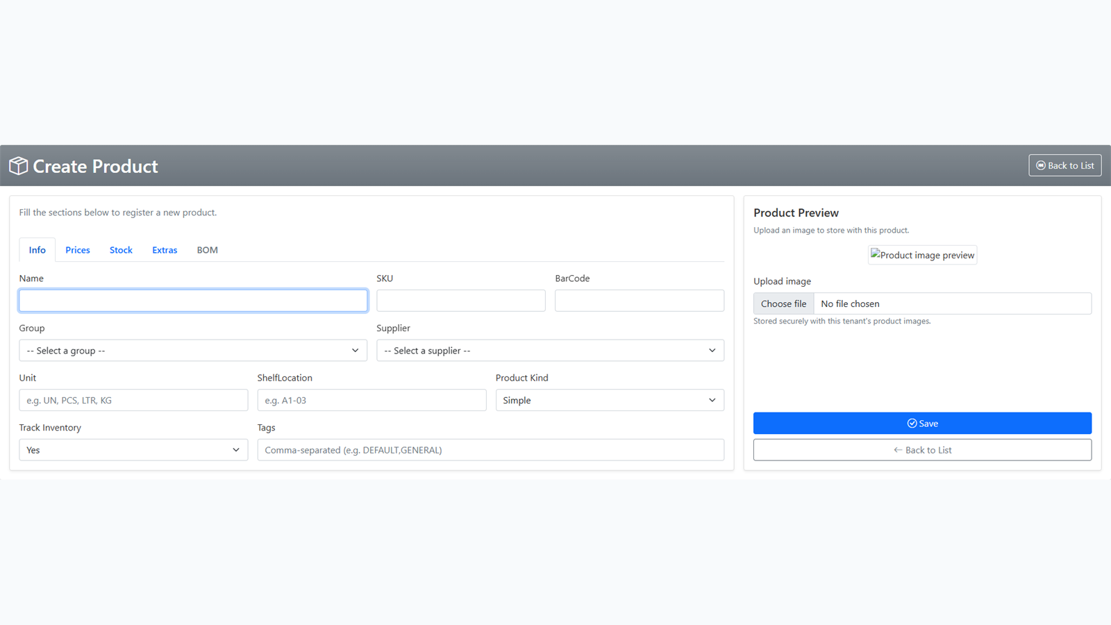 ManageXPro product creation screen
