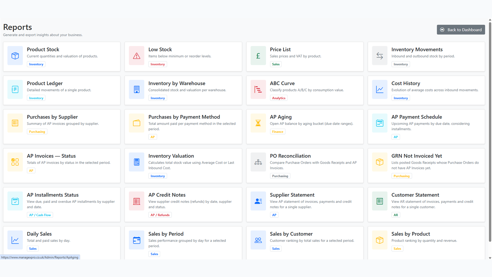 ManageXPro reports screen